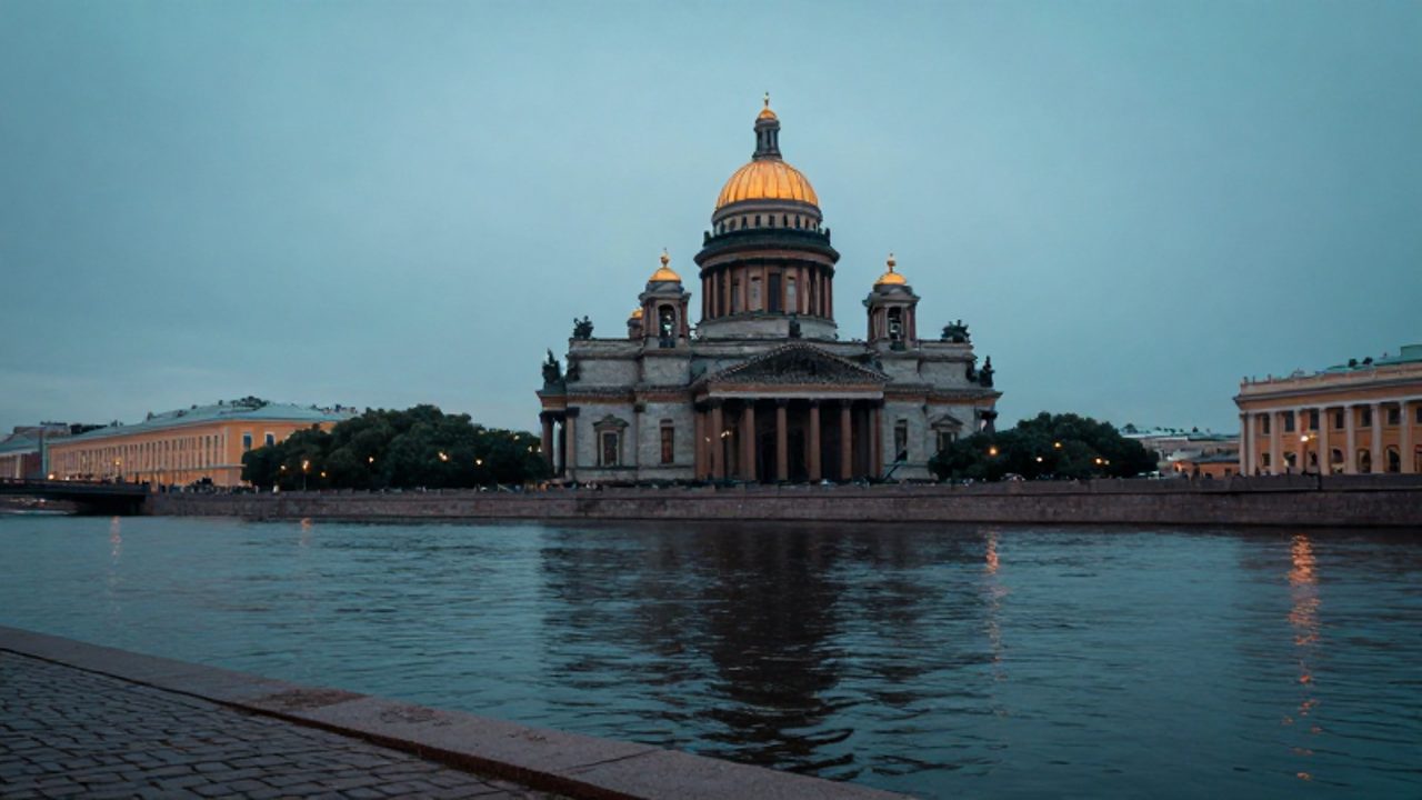 La cúpula dorada de la catedral de San Isaac se refleja en las aguas del río Nevá bajo un cielo crepuscular en San Petersburgo.