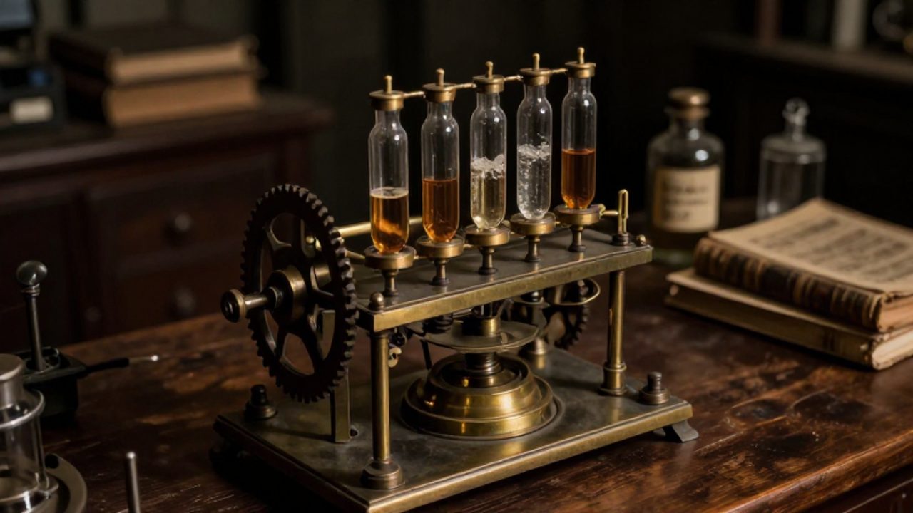Aparato científico antiguo de latón y tubos de vidrio con líquidos ámbar sobre una mesa de laboratorio en un entorno oscuro y sombrío.