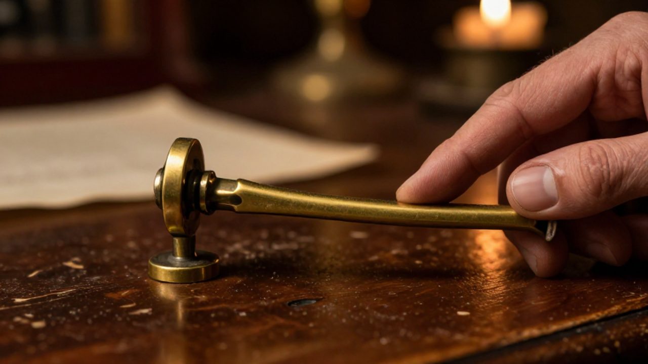 Mano de un operador presionando la palanca de un telégrafo de latón antiguo sobre un escritorio de madera.