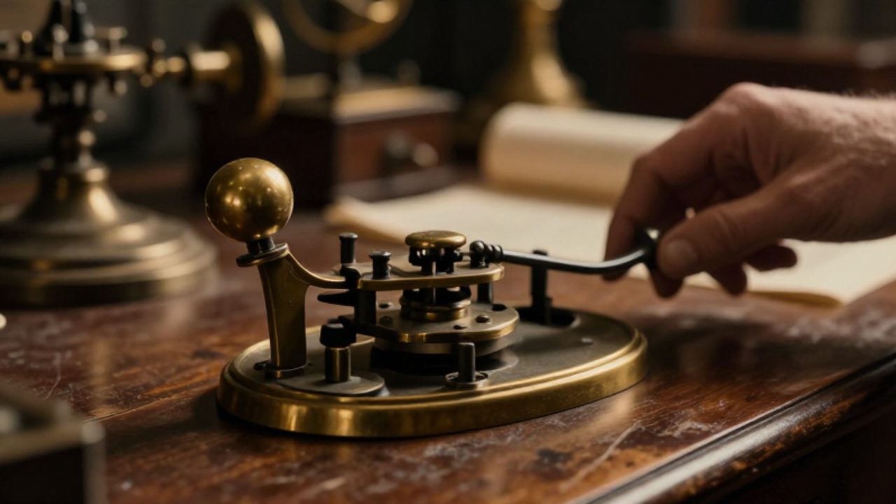 Una mano se dispone a accionar un antiguo telégrafo de latón sobre un escritorio de madera en un estudio del siglo XIX.