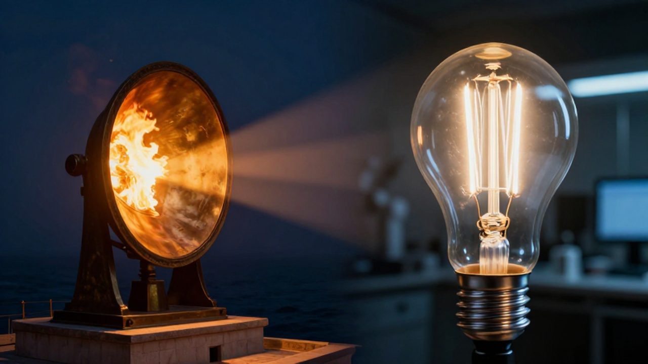Composición dividida que compara el espejo de bronce con fuego del Faro de Alejandría frente al filamento encendido de una bombilla eléctrica moderna.