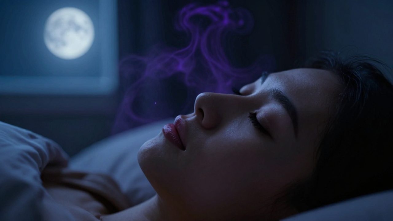 Persona durmiendo plácidamente en una habitación oscura bajo una tenue luz azul que simboliza la acción de la melatonina.