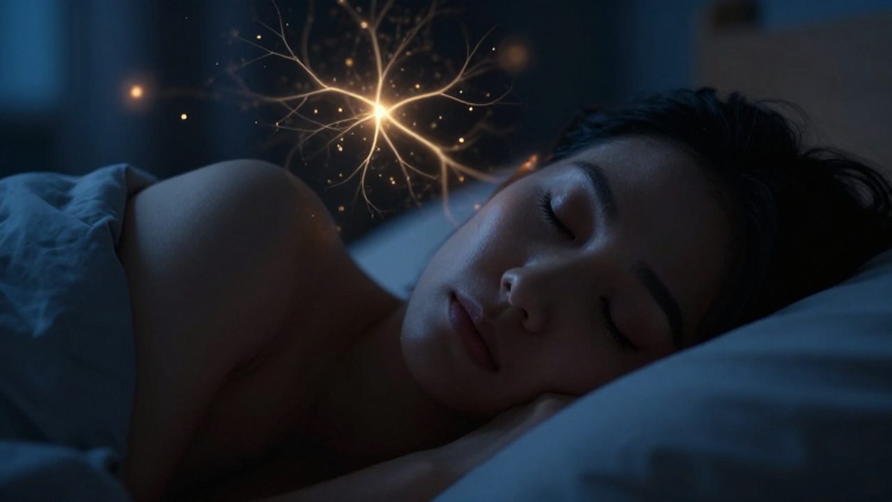 Primer plano de una persona durmiendo plácidamente en una habitación oscura, con destellos de luz dorada que flotan alrededor para simbolizar la actividad cerebral.