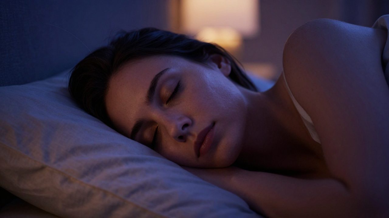 Persona durmiendo con expresión tranquila en una habitación en penumbra con luces tenues de tonos azules y ámbar.