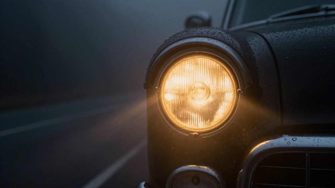 Faros de un coche clásico de los años cincuenta emitiendo una luz amarilla intensa que atraviesa una densa niebla nocturna en una carretera oscura.