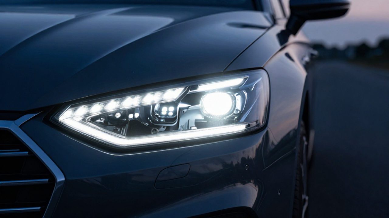 Primer plano de un faro de tecnología LED que emite un haz de luz blanca intensa y definida desde el frontal de un coche moderno al anochecer.