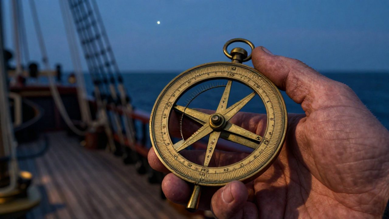 Una mano curtida sostiene un astrolabio de latón desgastado para apuntar hacia una estrella en el cielo nocturno desde la cubierta de un barco.