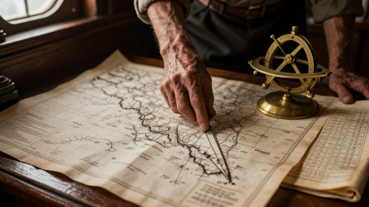Una mano de navegante estudia un mapa marítimo antiguo junto a un astrolabio de latón sobre una mesa de madera en la cabina de un barco.