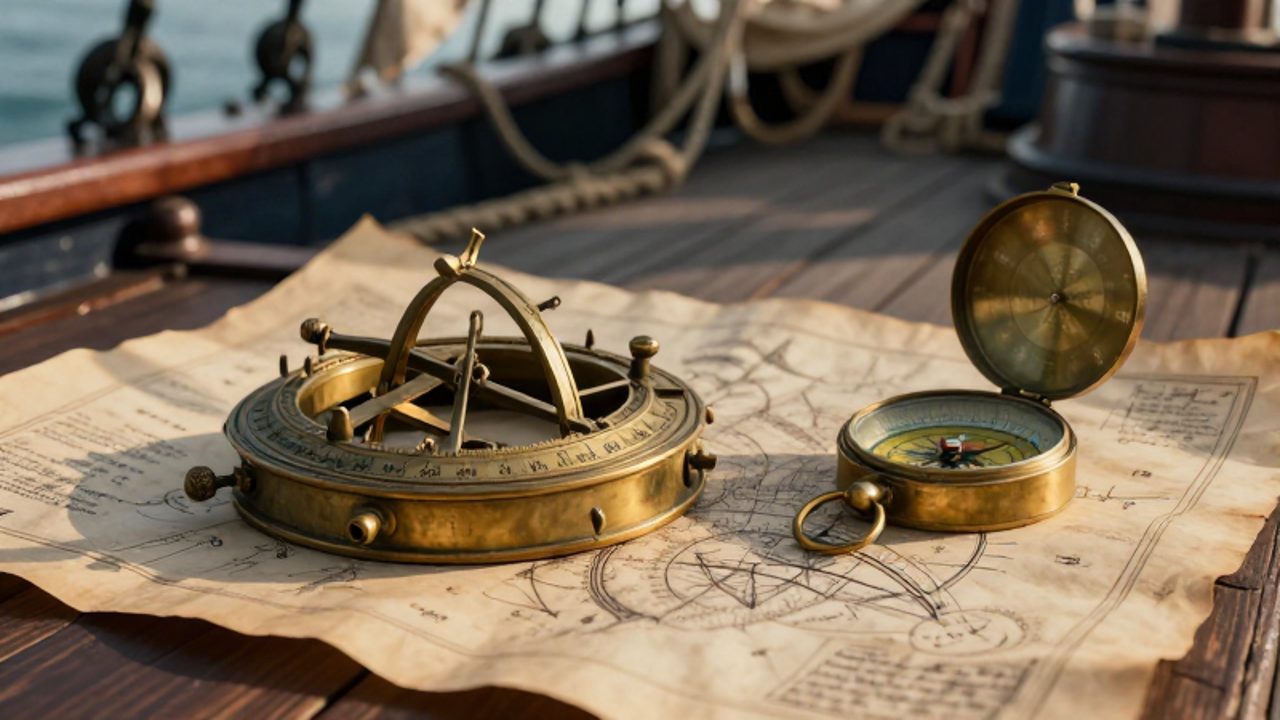 Astrolabio de latón y brújula antigua sobre un mapa náutico de pergamino en la cubierta de un barco de madera.