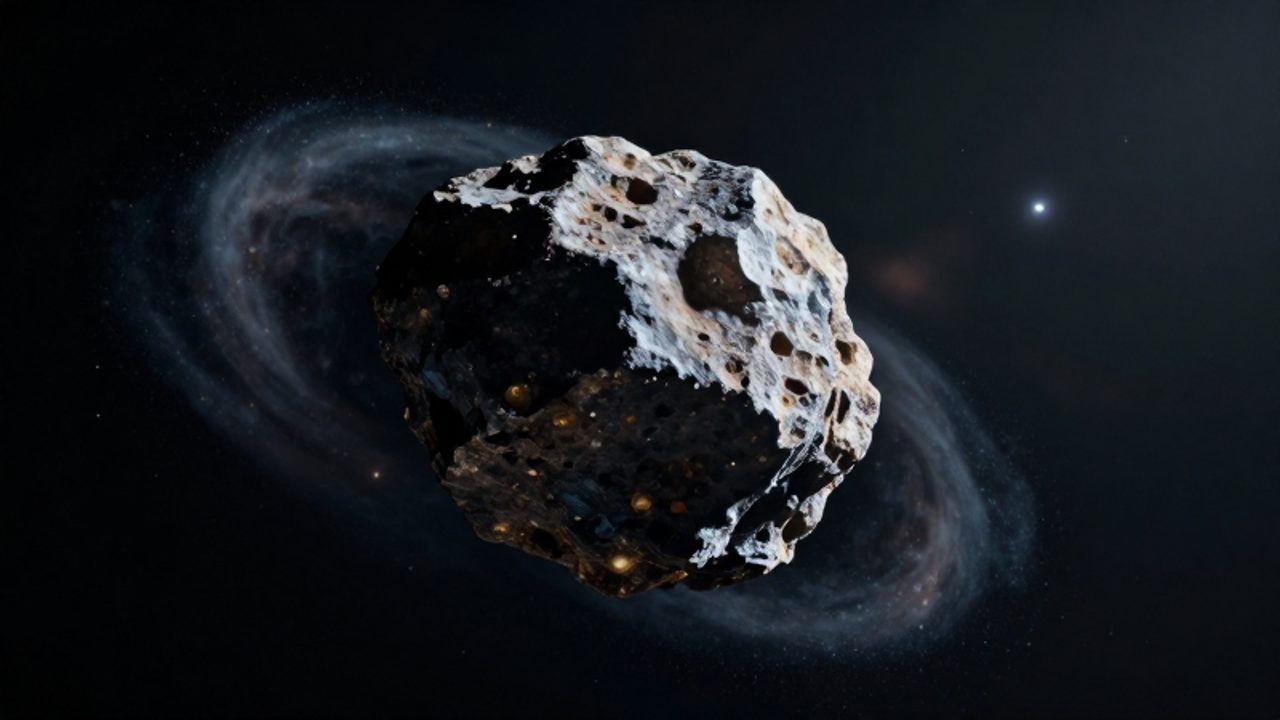 Fragmento de un asteroide rocoso y rugoso que flota en el espacio profundo rodeado de una tenue estela de polvo cósmico.