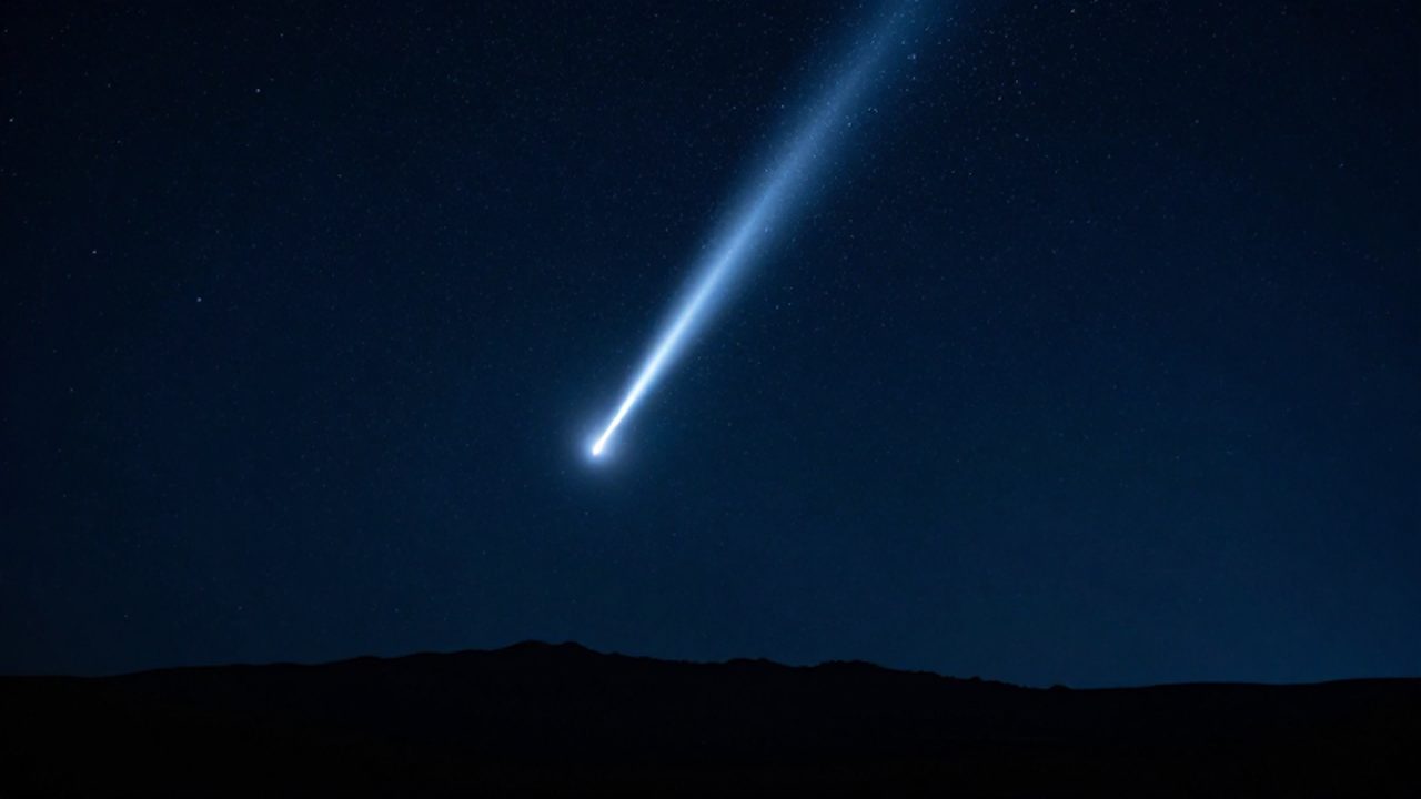 Un meteoro brillante cruza el cielo nocturno dejando una estela de luz sobre la silueta de unas montañas oscuras.
