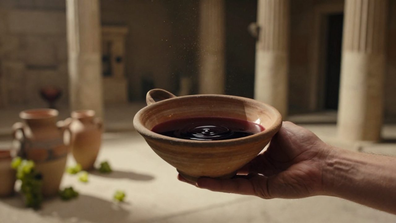 Una mano sostiene un cáliz de terracota con vino tinto durante una ofrenda ritual en el interior de un templo griego.