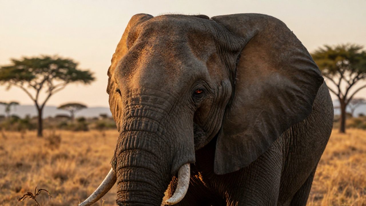Primer plano del ojo de un elefante africano anciano que refleja sabiduría en medio de la sabana al atardecer.