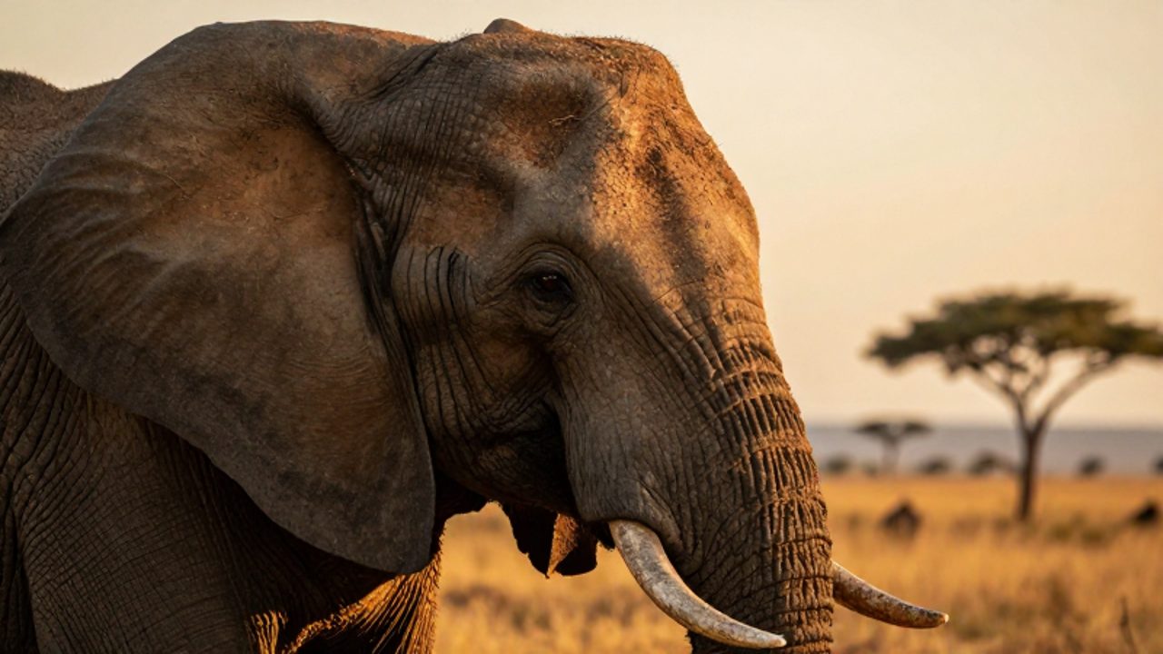 Primer plano del rostro de un elefante africano anciano con piel rugosa y una mirada profunda en la sabana durante el atardecer.