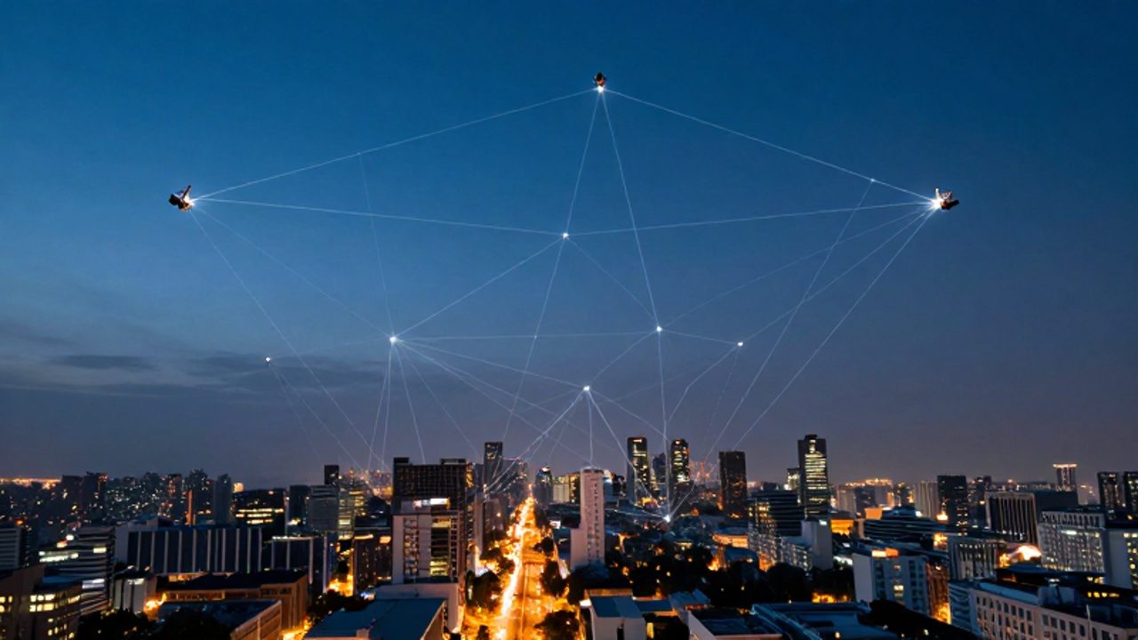 Satélites orbitando la Tierra sobre una ciudad al atardecer, emitiendo haces de luz que forman una red de señales conectando el espacio con la superficie.