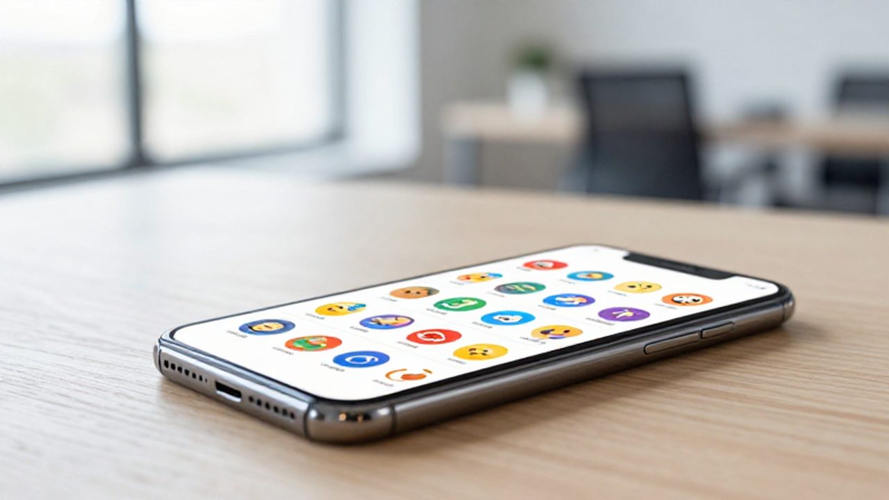 Variedad de emojis coloridos organizados en una cuadrícula sobre la pantalla de un smartphone en un entorno de oficina.