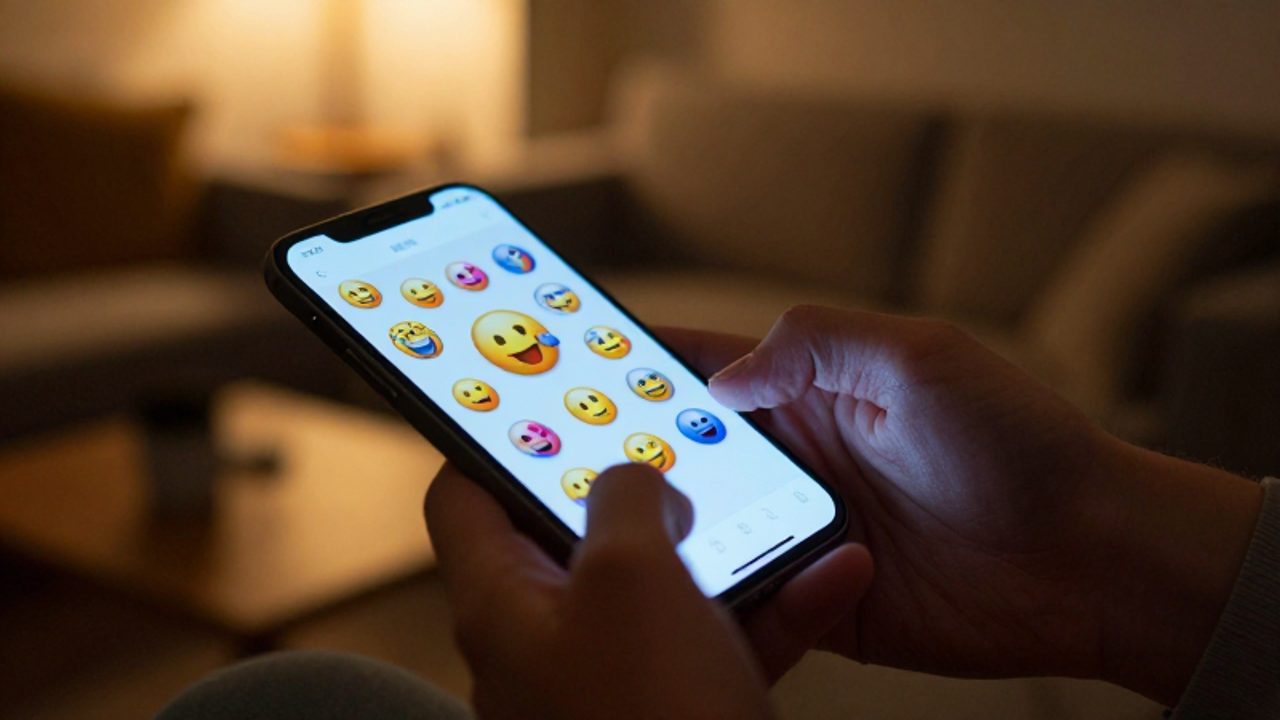 Primer plano de unas manos sosteniendo un smartphone cuya pantalla muestra diversos emojis tridimensionales flotando sobre un chat.