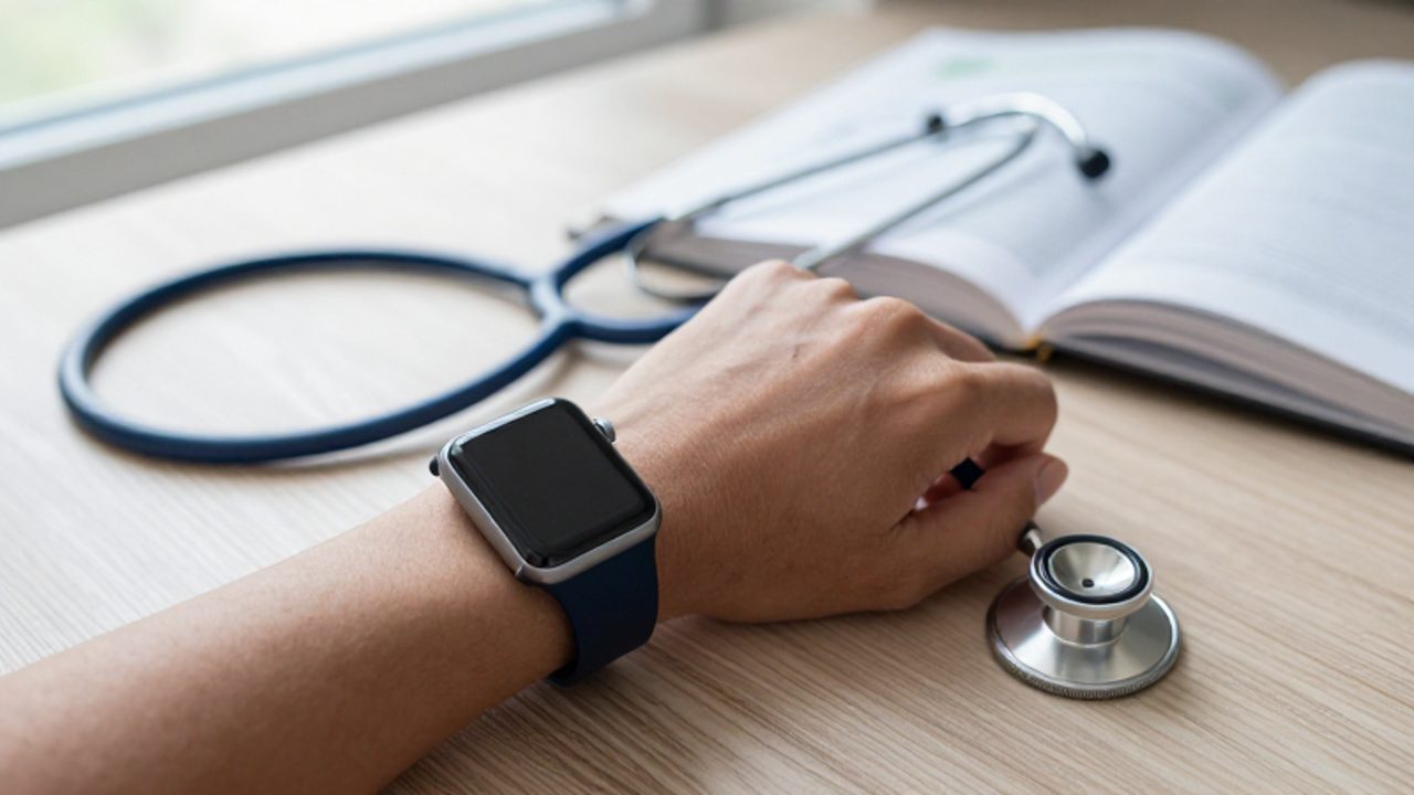 Un reloj inteligente moderno junto a un estetoscopio clásico sobre un escritorio de madera, comparando la tecnología de monitorización actual con la medicina tradicional.