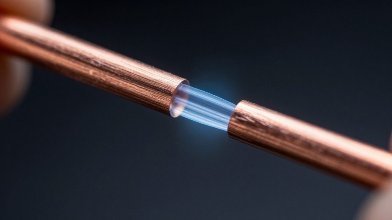 Primer plano de un cable de cobre con un tenue resplandor azul en su interior que sugiere el movimiento de un campo eléctrico.