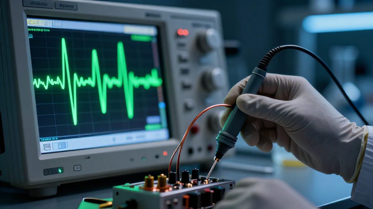 Un técnico con guantes de laboratorio ajusta una sonda sobre un cable de cobre mientras un osciloscopio muestra una onda verde en la pantalla.