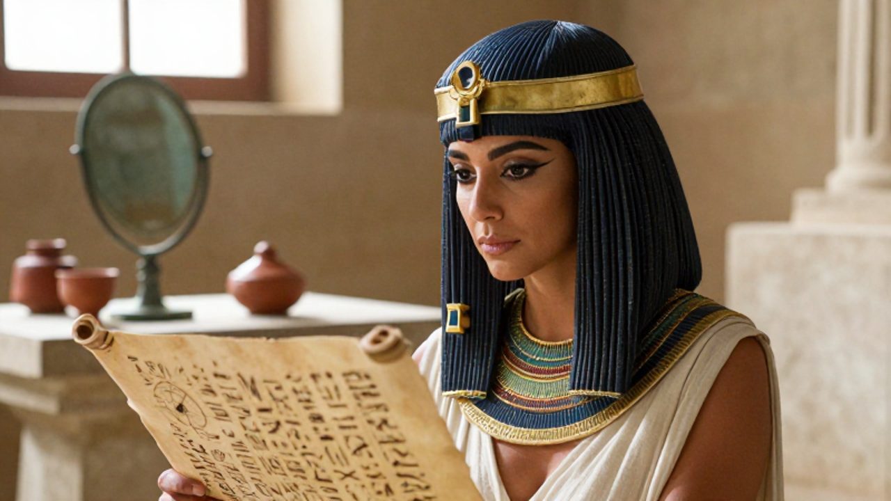 Cleopatra estudia atentamente un papiro con jeroglíficos y diagramas astronómicos en una estancia de piedra iluminada por el sol.