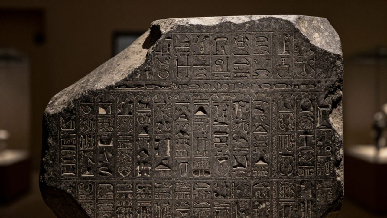 Primer plano de la Piedra Rosetta con inscripciones grabadas en jeroglíficos, escritura demótica y griego antiguo.
