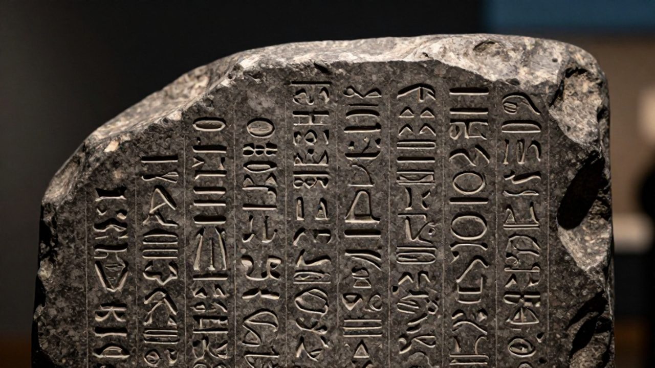 Primer plano de la Piedra de Rosetta con los grabados de jeroglíficos, escritura demótica y griego antiguo sobre la superficie de piedra oscura.