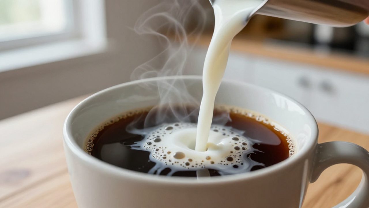 Leche vertiéndose en una taza de café oscuro donde se empiezan a formar pequeños grumos blancos debido al contacto con el líquido.