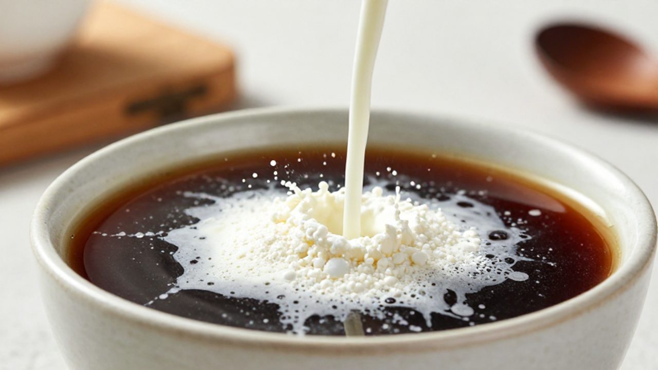 Leche en polvo cayendo sobre la superficie de un café oscuro en un cuenco de cerámica, creando remolinos blancos.