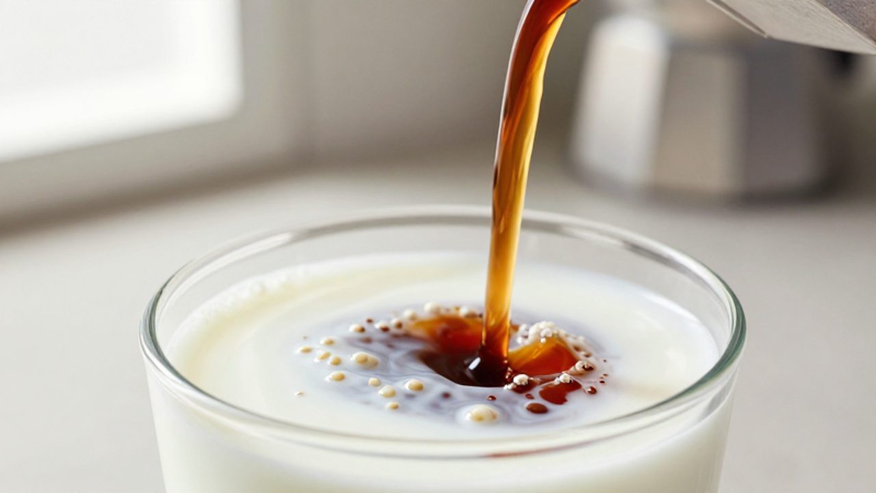 Café oscuro vertiéndose en un vaso de leche blanca, mostrando la formación de pequeños grumos de proteína en el momento de la mezcla.