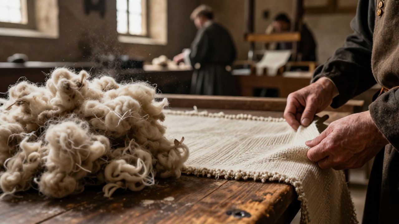 Manos de un artesano inspeccionando cuidadosamente un tejido de lana sobre una mesa de madera en un taller textil medieval.