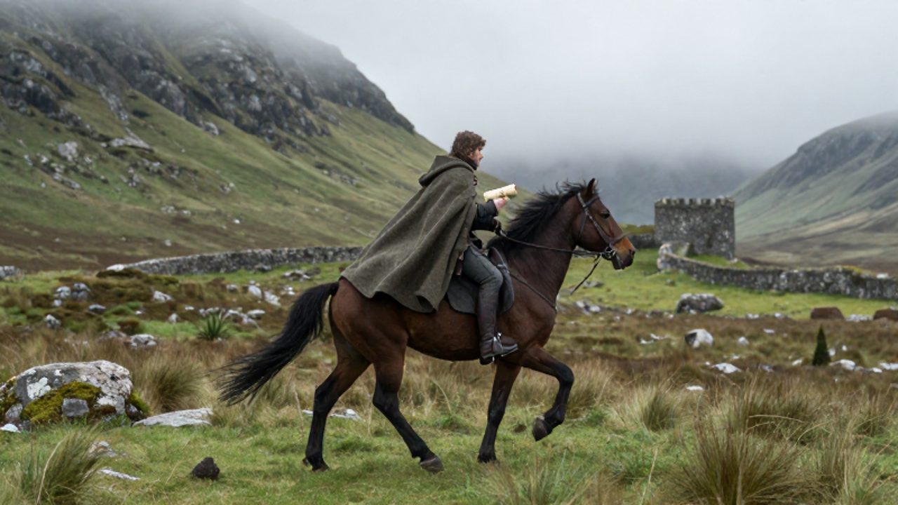 Mensajero medieval a caballo galopando con urgencia por un paisaje montañoso y neblinoso de Escocia hacia un castillo lejano.