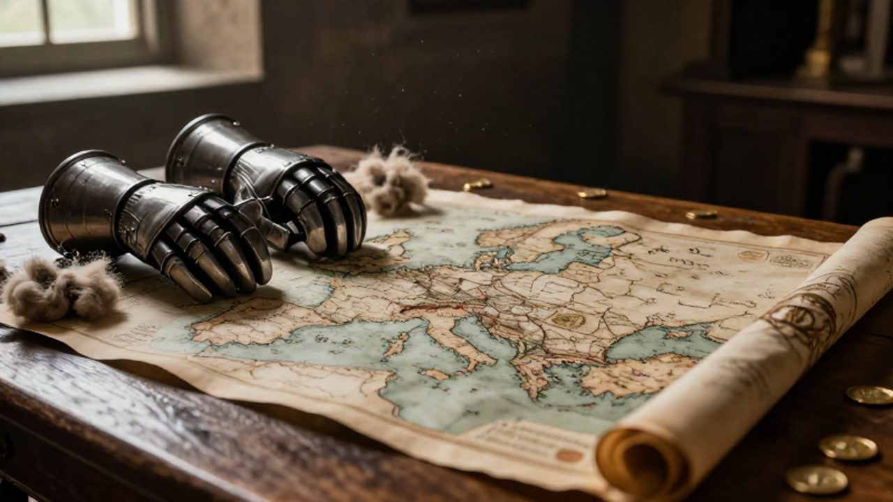 Mapa medieval de Francia e Inglaterra sobre una mesa de madera junto a guanteletes de armadura, vellones de lana y monedas de oro.