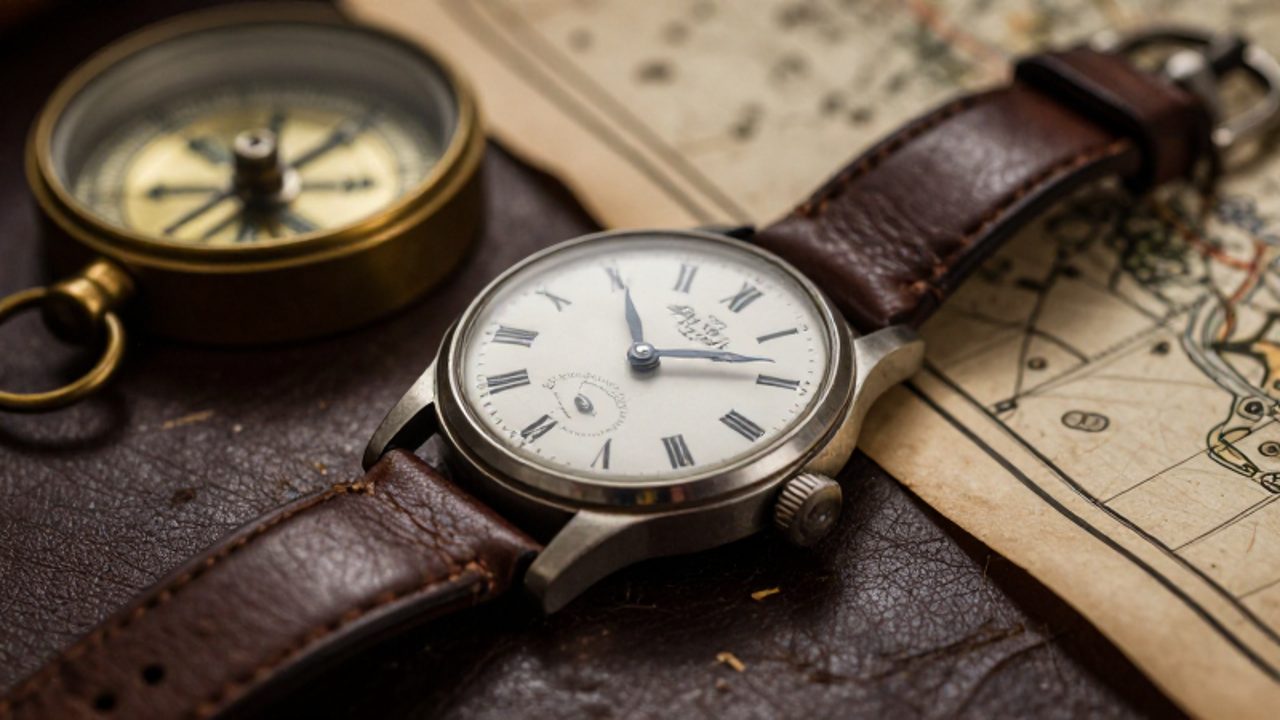 Reloj mecánico de principios del siglo XX con números romanos junto a una brújula de latón y un mapa militar sobre cuero.