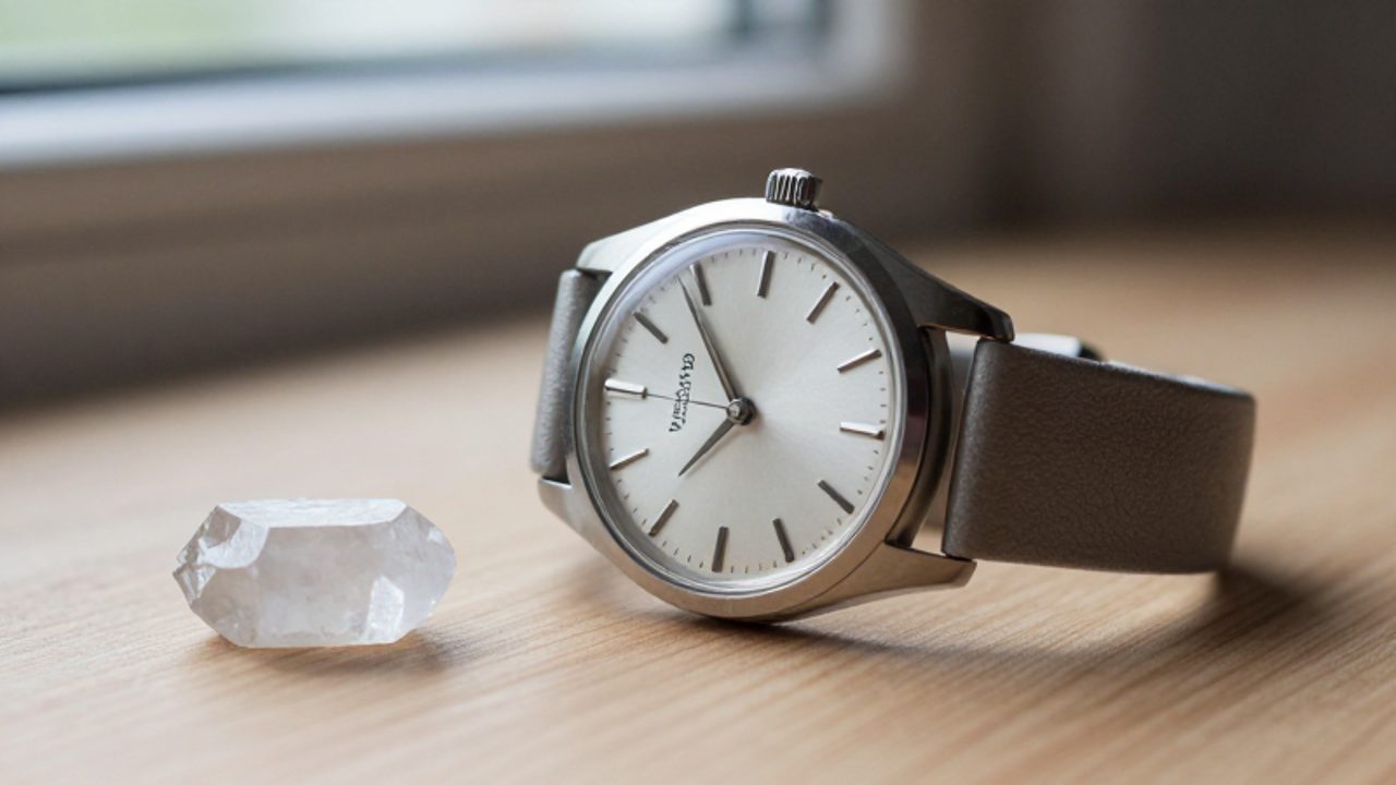 Reloj de pulsera de cuarzo con caja de acero inoxidable y correa de cuero junto a un pequeño cristal de cuarzo sobre una superficie de madera.
