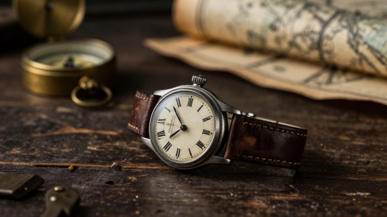 Reloj de pulsera mecánico con números romanos y correa de cuero sobre un escritorio de madera junto a una brújula y un mapa antiguo.