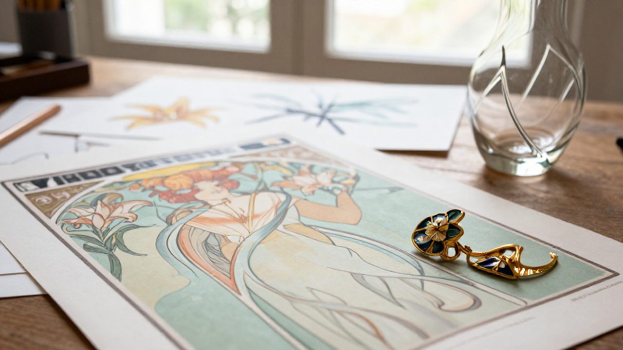 Objetos de diseño con formas orgánicas y curvas sinuosas, como un cartel litográfico, una joya floral y un jarrón de cristal, dispuestos sobre un escritorio de artista.