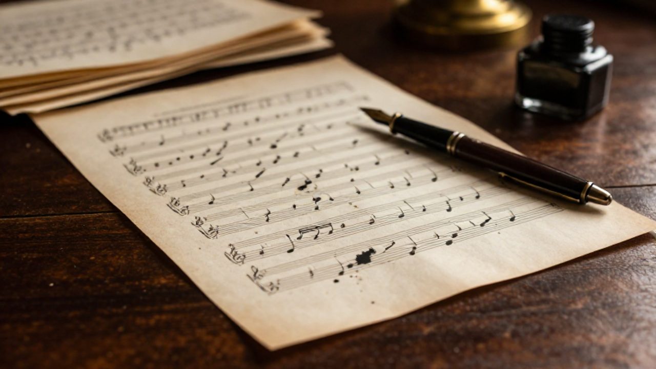 Manuscrito musical antiguo con notas escritas a mano junto a una pluma estilográfica sobre un escritorio de madera.