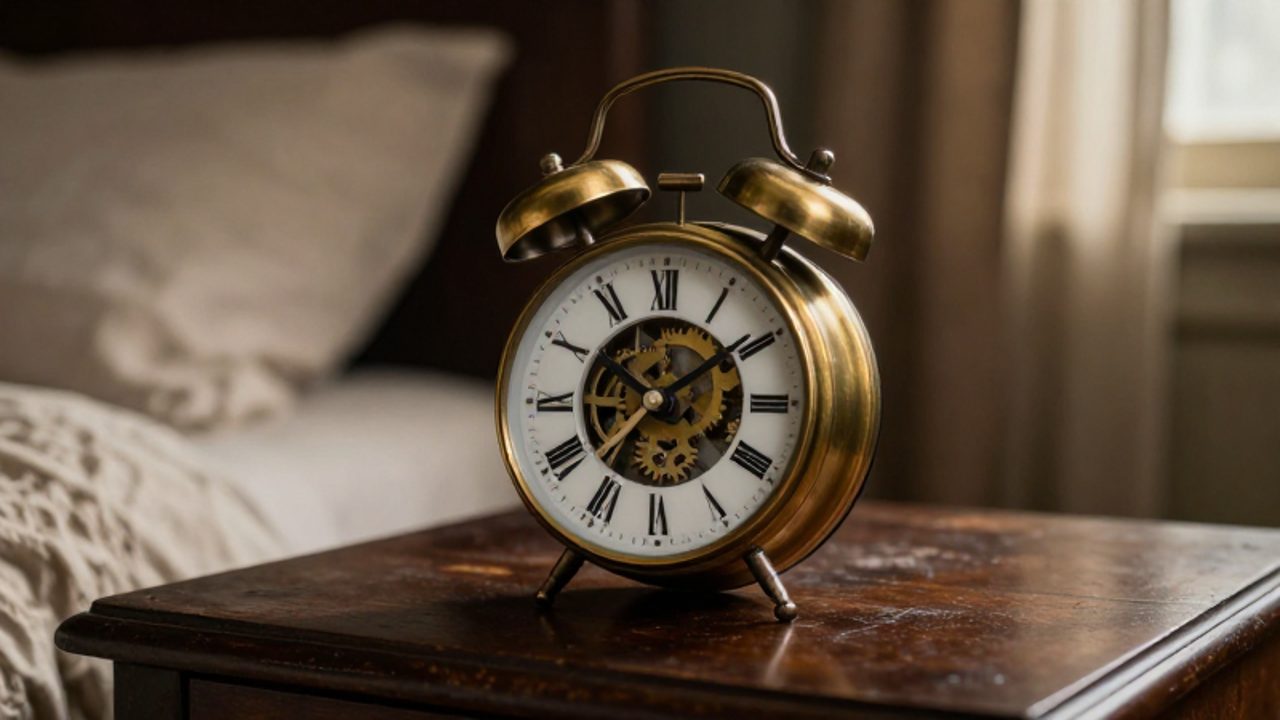 Reloj despertador mecánico de latón con campanas sobre una mesa de madera en un dormitorio de época.