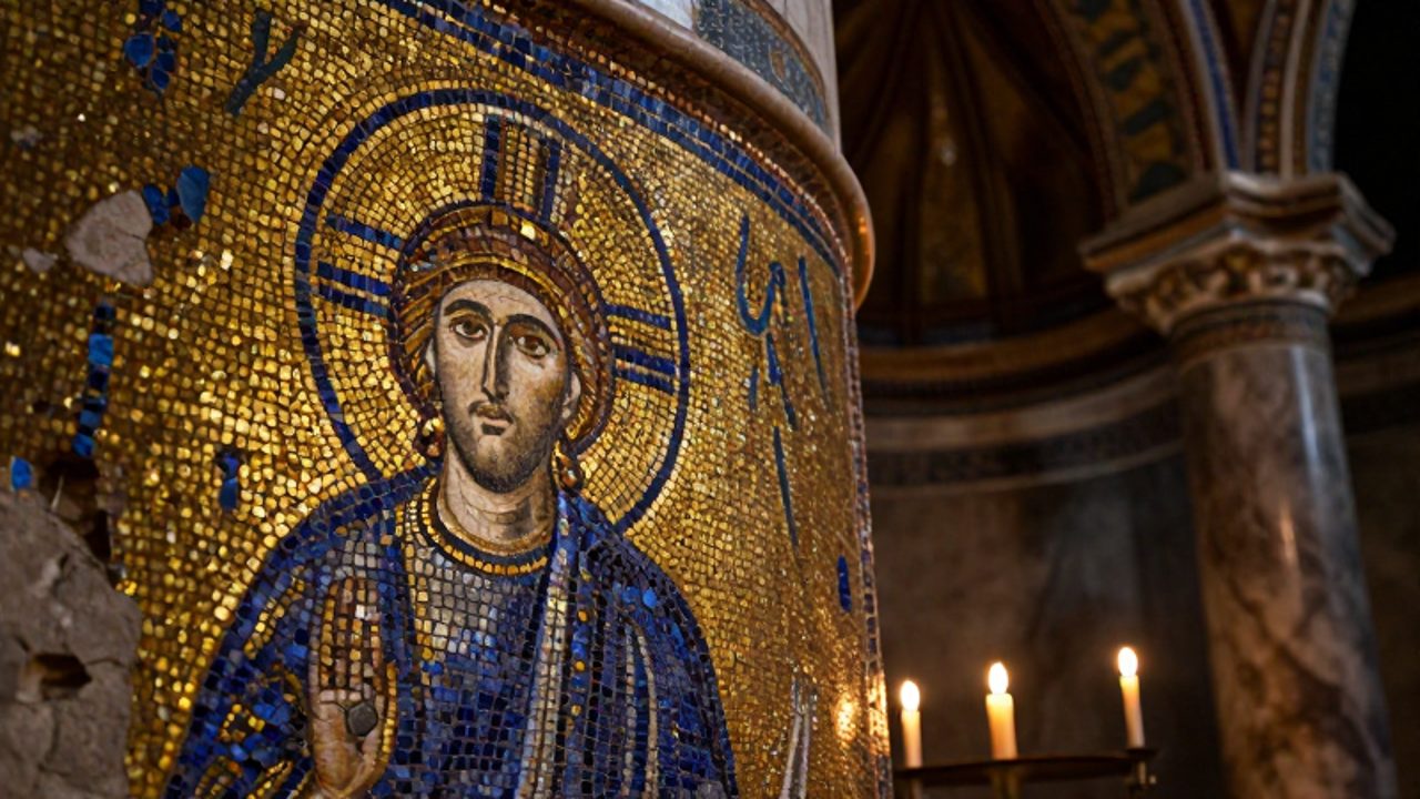 Primer plano de un mosaico bizantino con teselas de oro y azul que brillan bajo la luz de una vela en el interior de una catedral.