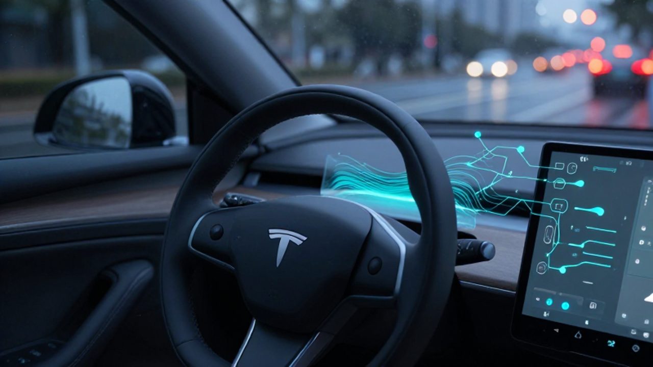 Primer plano del volante y el tablero digital de un coche autónomo con hologramas de datos en una calle urbana nocturna.