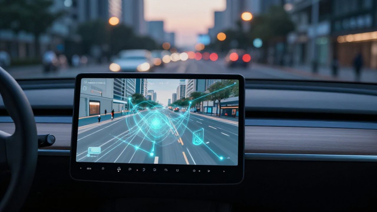 Interfaz digital de un coche autónomo que muestra una red neuronal procesando datos y detectando peatones sobre una calle urbana al atardecer.