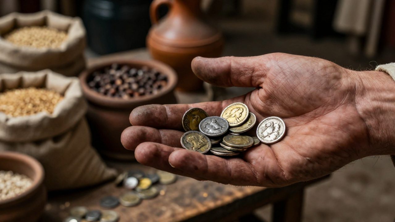 Una mano desgastada sostiene monedas romanas de metal deteriorado frente a un mercado rústico con sacos de grano y cerámica.