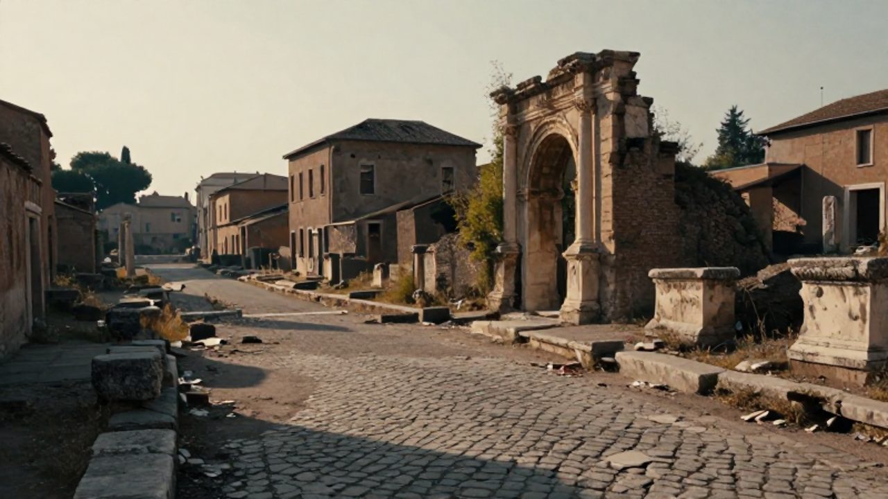 Calle de una antigua ciudad romana en decadencia, con su pavimento de piedra agrietado, vegetación creciendo entre los escombros y estructuras de mármol parcialmente derrumbadas.
