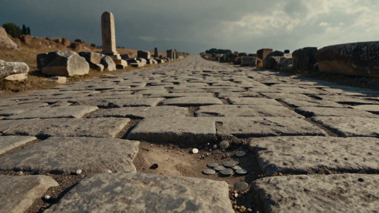 Un camino de piedra romano en decadencia con monedas de plata desgastadas esparcidas entre las grietas del suelo bajo un cielo nublado.