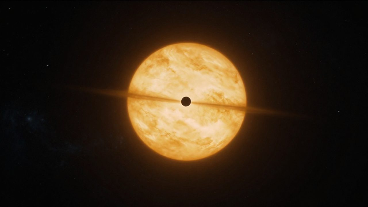 Un pequeño exoplaneta rocoso pasando frente a una estrella brillante para ilustrar el método de tránsito.