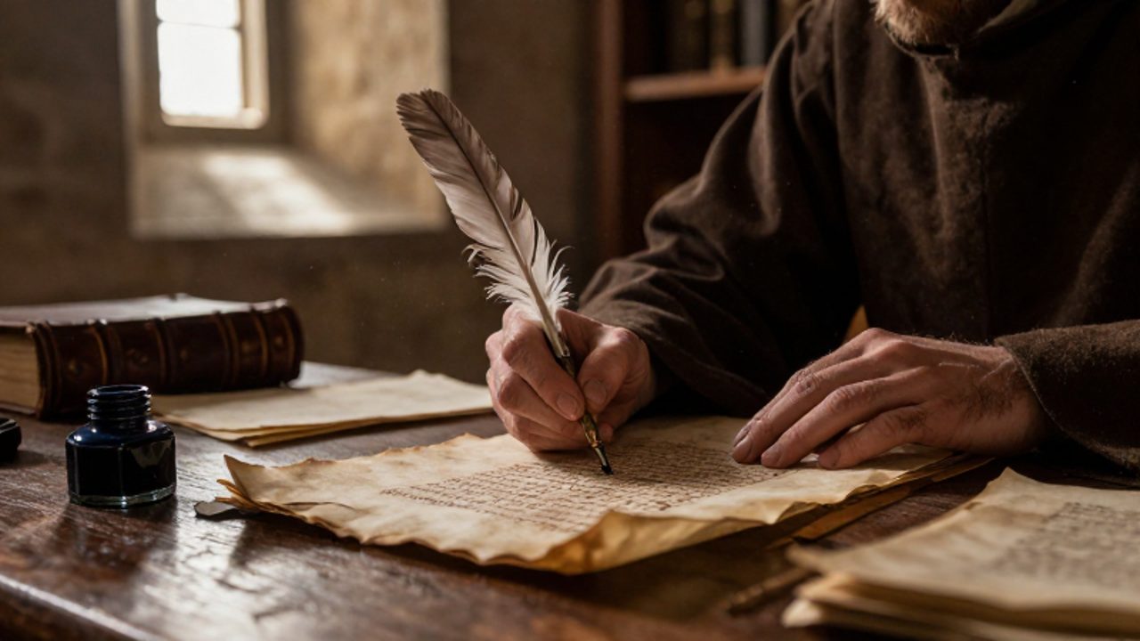 Manos de un monje escribiendo caligrafía detallada con una pluma sobre un pergamino antiguo en un scriptorium medieval.