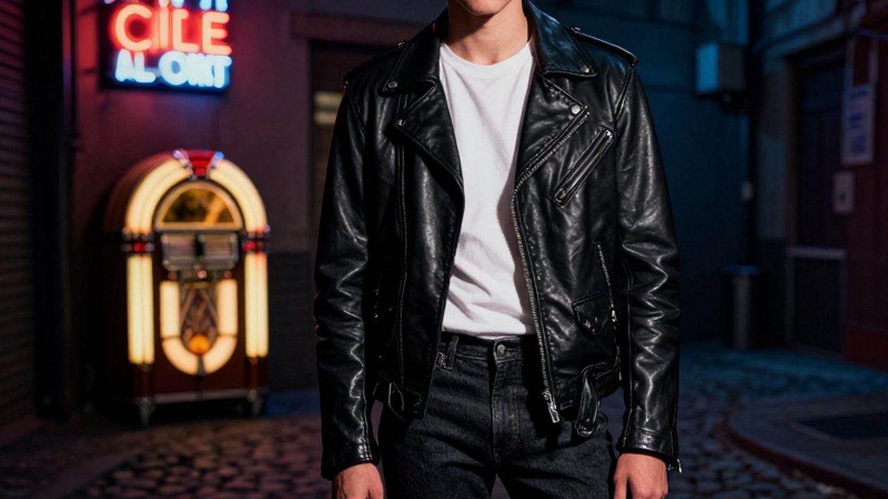 Persona con chaqueta de cuero negra y camiseta blanca posa con actitud rebelde en un callejón urbano con estética de los años 50.