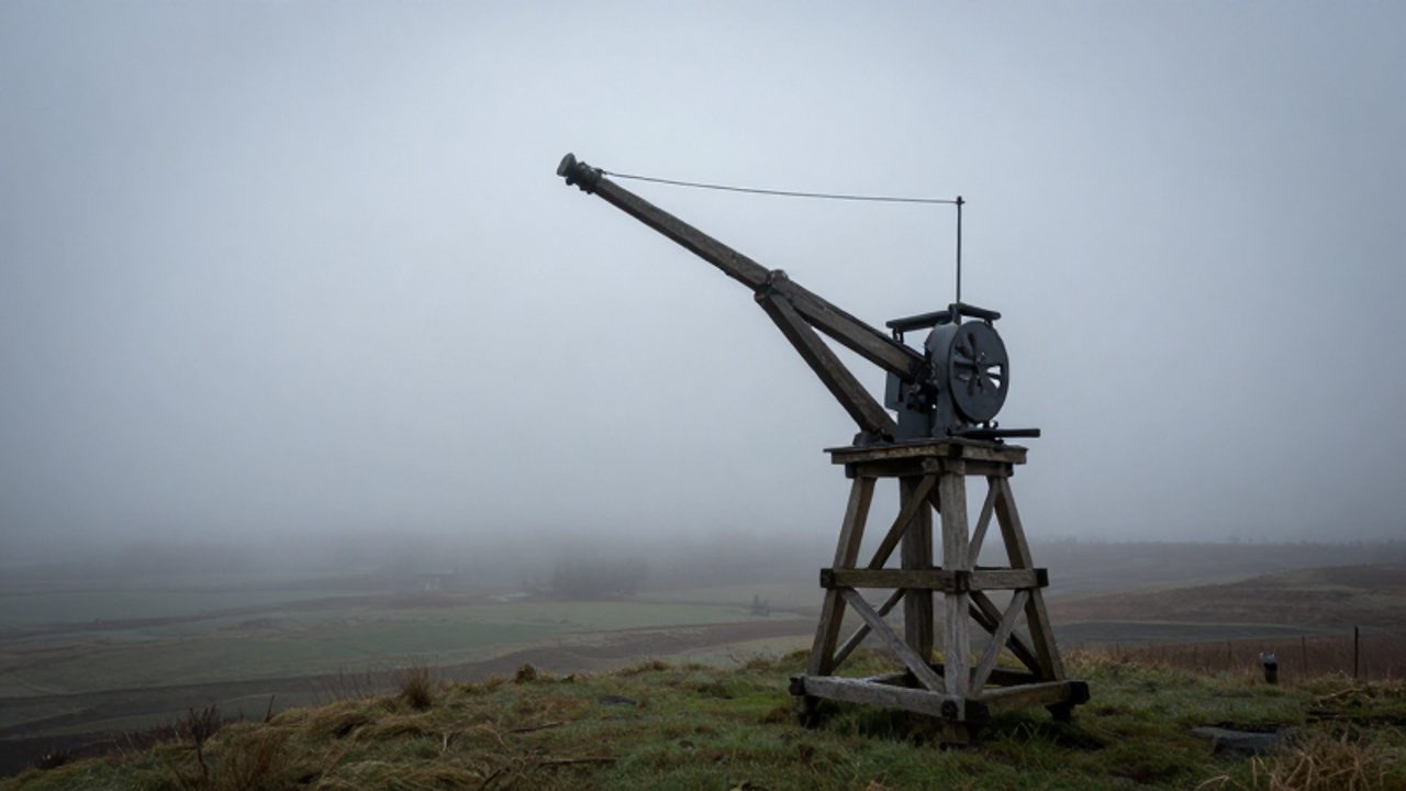 Torre de telégrafo óptico con brazos mecánicos en una colina, rodeada de una densa niebla que impide la visibilidad hacia el valle.