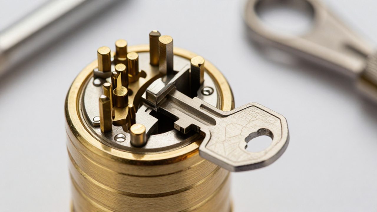 Primer plano de una llave metálica insertada en un cilindro de seguridad de latón, mostrando el alineamiento de los pernos internos del mecanismo.